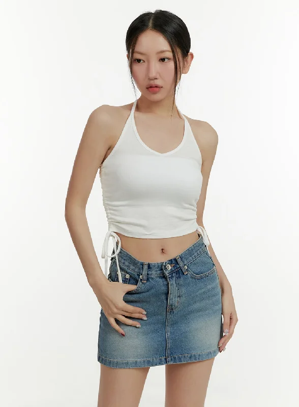 Solid Halter Shirred Crop Top CY409