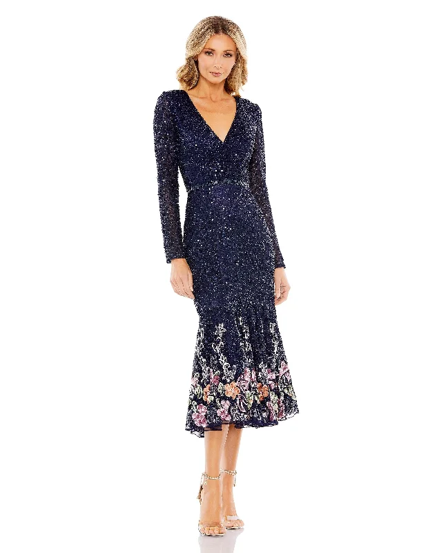 Mac Duggal 5589 Sequin Long Sleeve Floral Cocktail Midi Dress