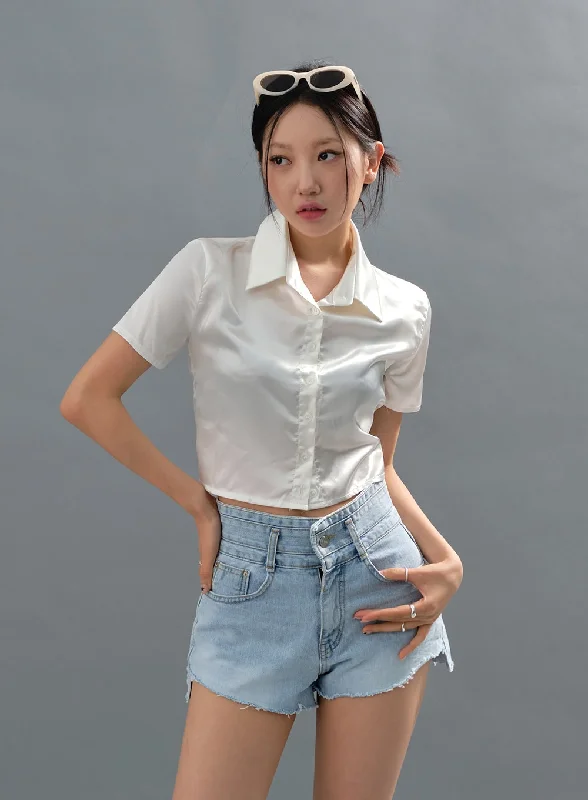 Satin Cropped Short-Sleeve Button Down Top CJ21