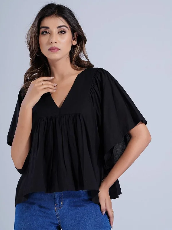 Solid Black Cotton Loose Fit Peplum Crop Top