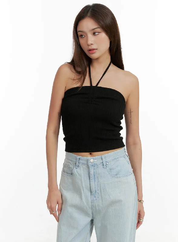 Shirred Halter Neck Crop Tube Top CL404