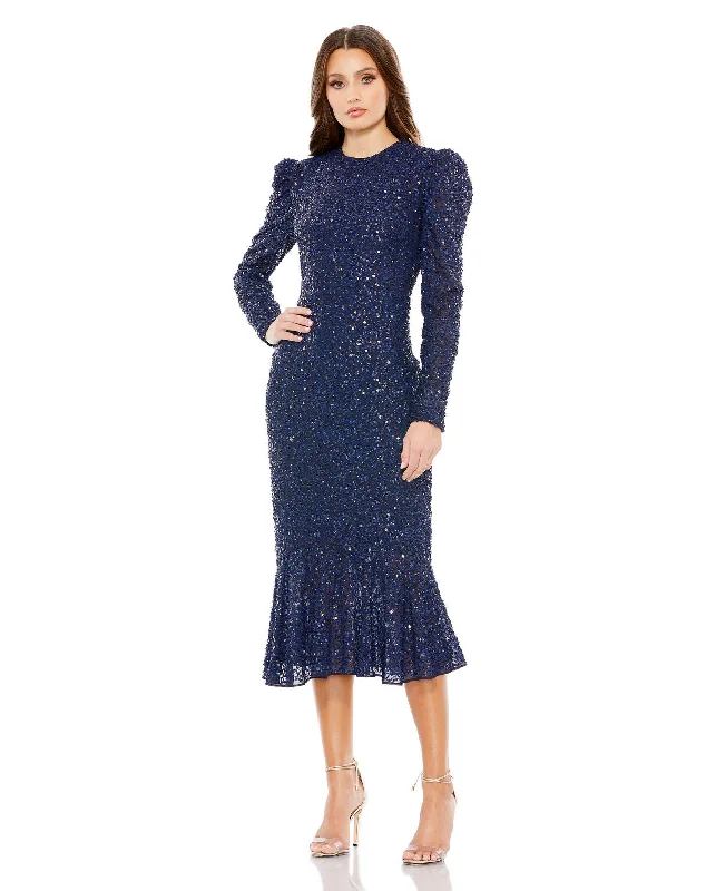 Mac Duggal 10865 Long Sleeve Formal Sequin Midi Dress