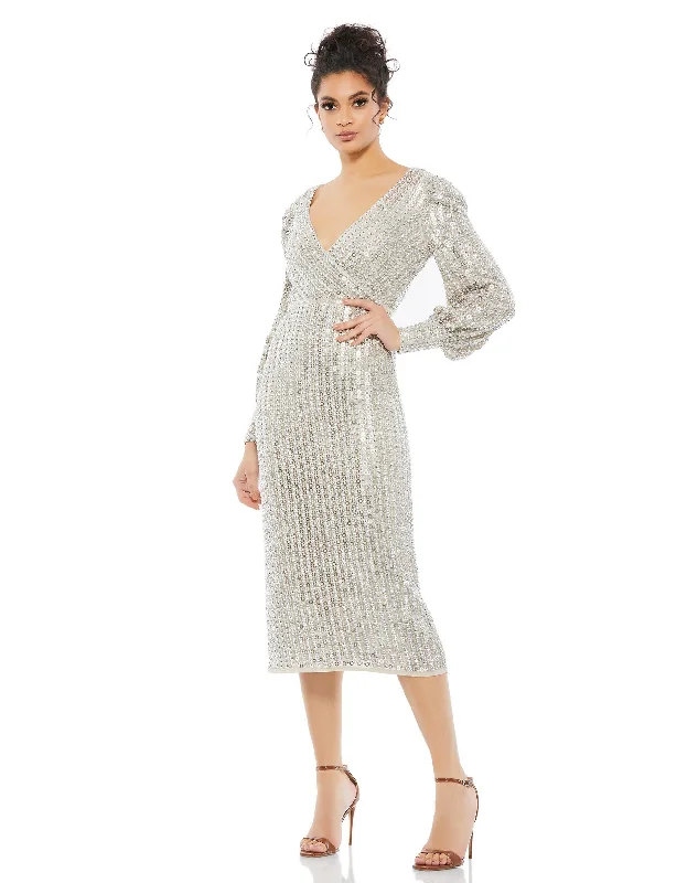 Mac Duggal 10809 Long Sleeve Formal Sequin Midi Dress