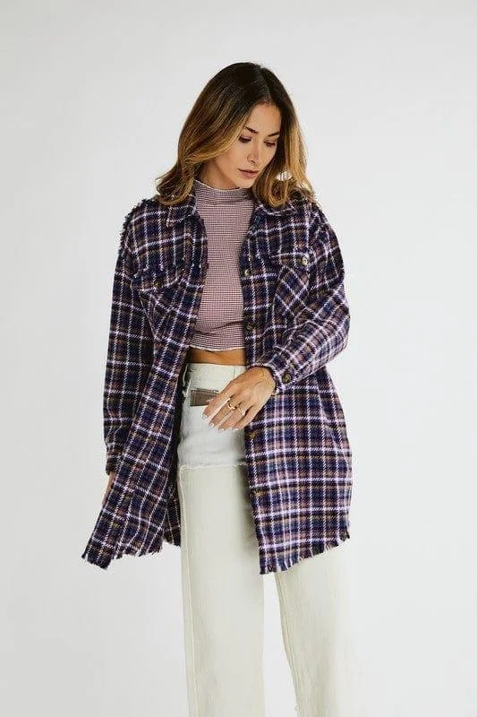 Plus Women's Shacket Davi & Dani -Button down with Pockets, Long Purple Plaid