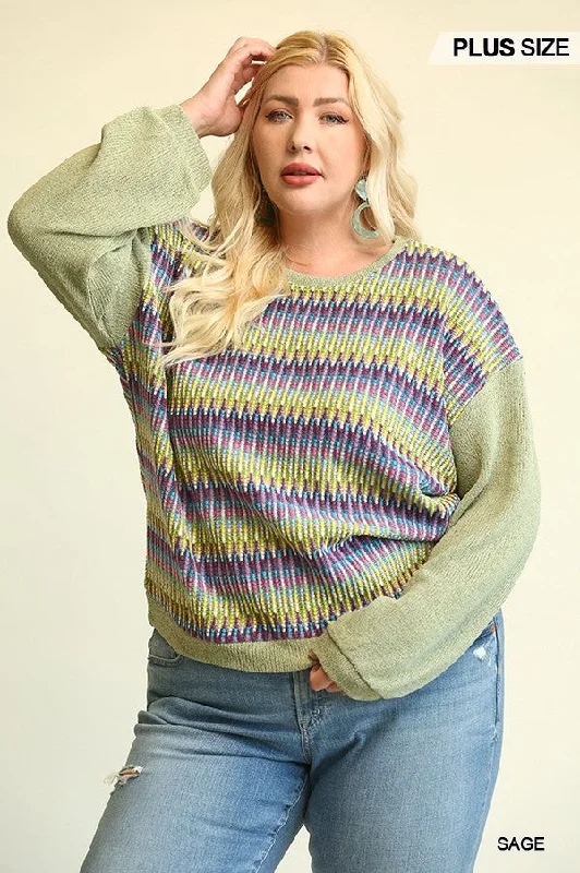 PLUS Novelty Knit And Solid Knit Mixed Loose Top With Drop Down Shoulder