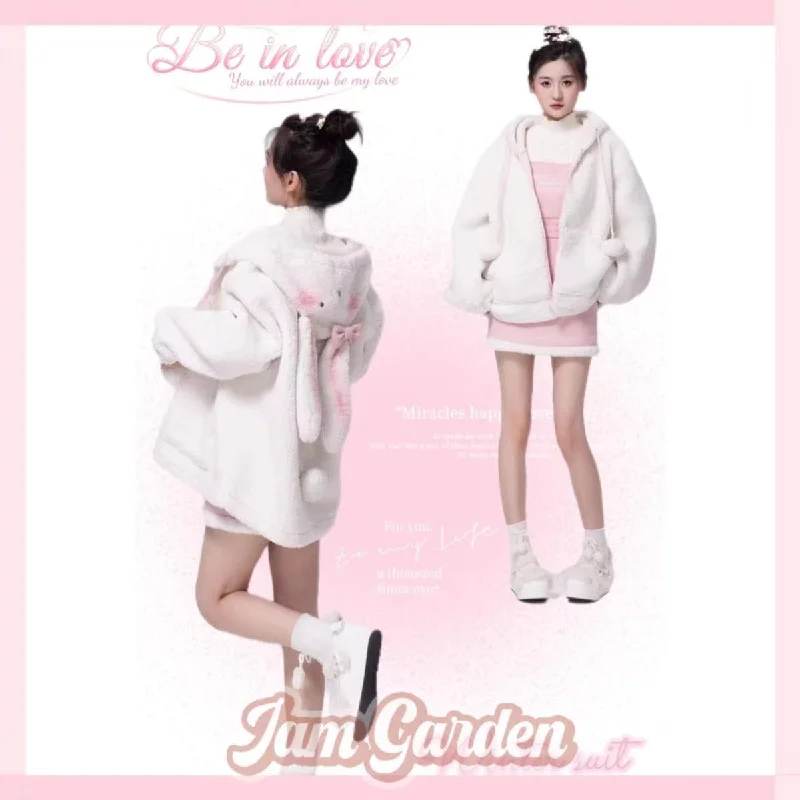 Original sweet girly plush bunny hooded skirt overalls suit