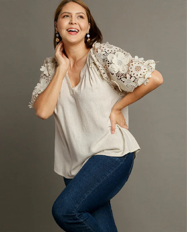 PLUS V-Notched Neck Top with Contrast Sleeve