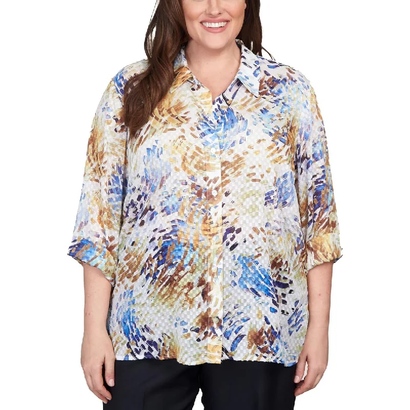 Alfred Dunner Womens Plus Printed Collared Button-Down Top