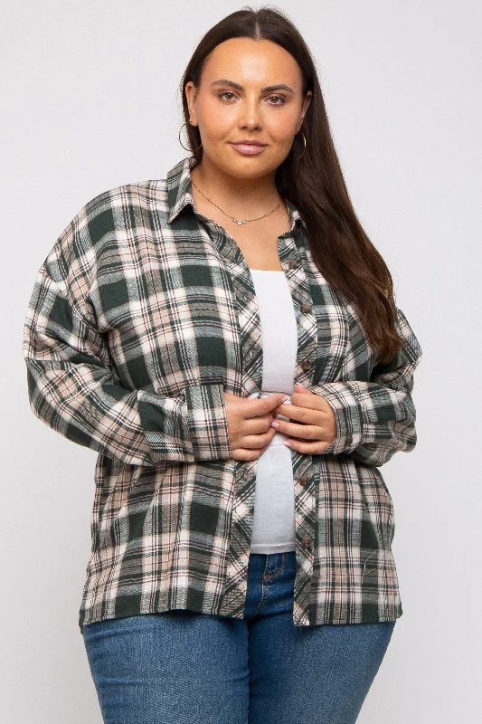 Forest Green Plaid Button Down Plus Top