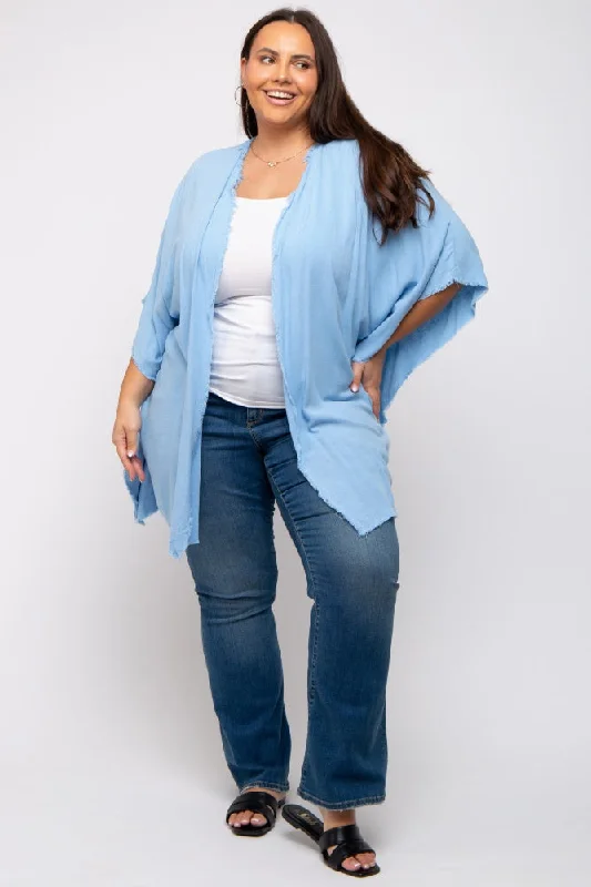 Light Blue Fringe Plus Dolman Sleeve Cover Up