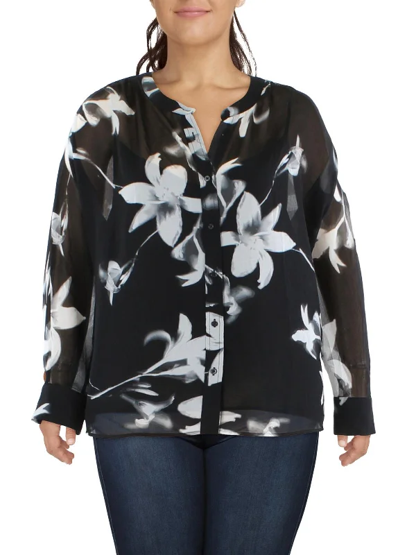 Plus Womens Chiffon Sheer Button-Down Top