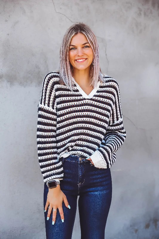 Adeline Striped Knit Sweater-Navy