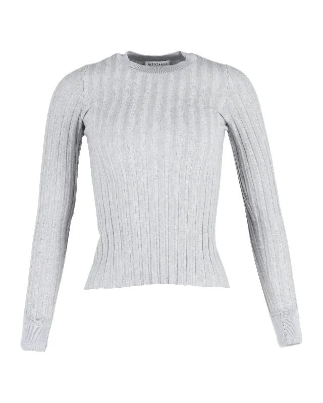 Altuzarra Fitted Ribbed Long Sleeve Sweater in Grey Wool