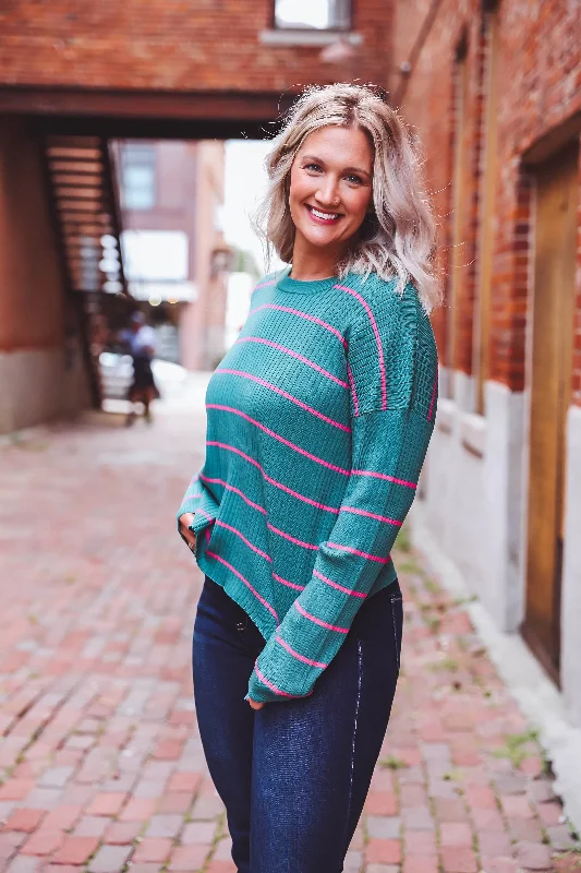 Cara Ribbed Sweater-Teal/Pink