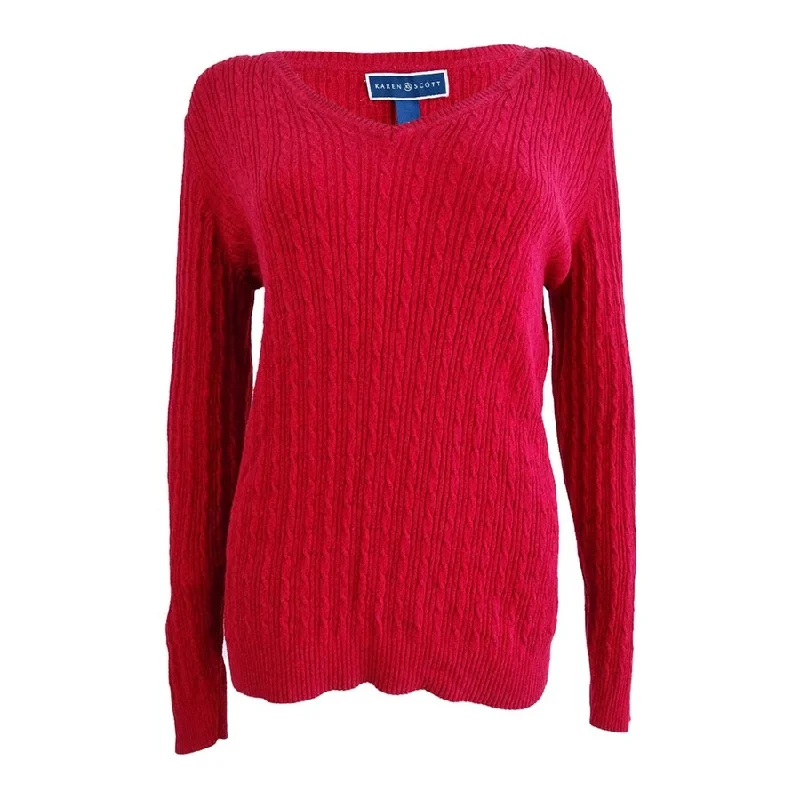 Karen Scott Women's Cable-Knit Marled Sweater S, Red