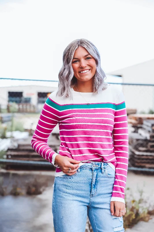 Kelly Striped Sweater-White/Magenta