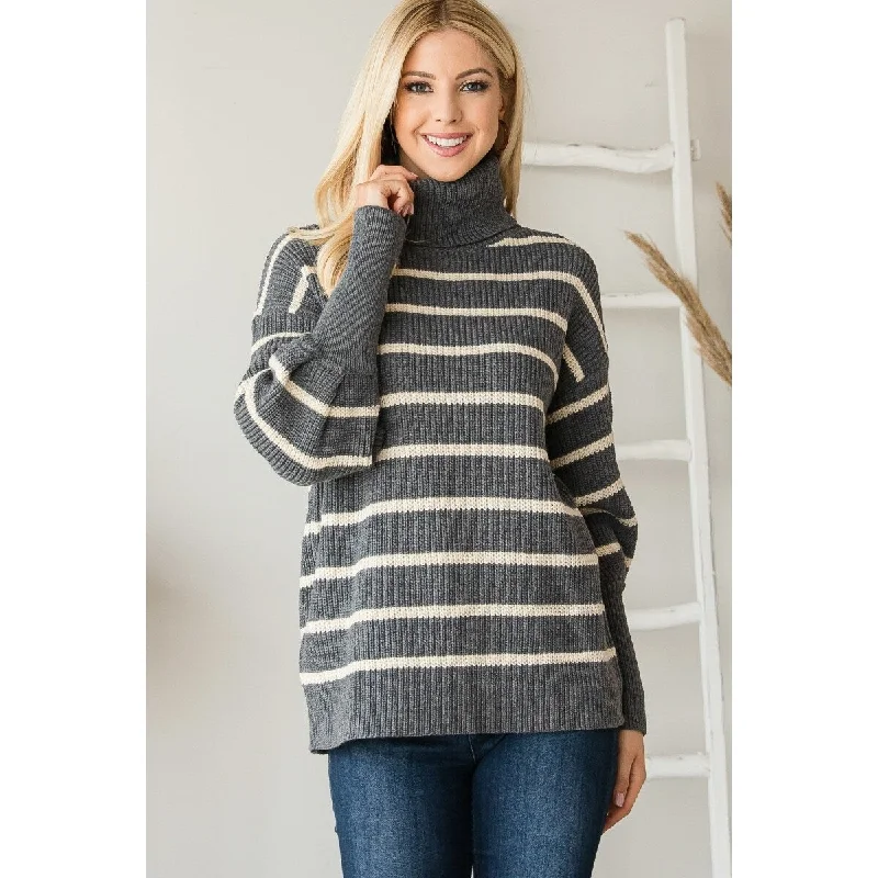 Long Sleeve Grey Heavy Knit Striped Turtle Neck Knit Sweater