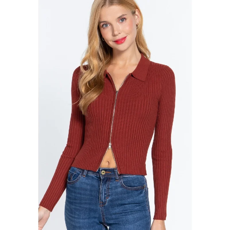 Long Sleeve Notched Collar Zippered Sweater