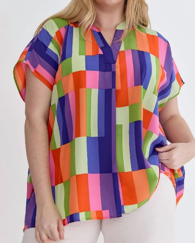 Plus Summer Top In Bright Color Block