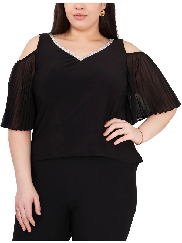 Plus Womens Embellished Pleated Blouse