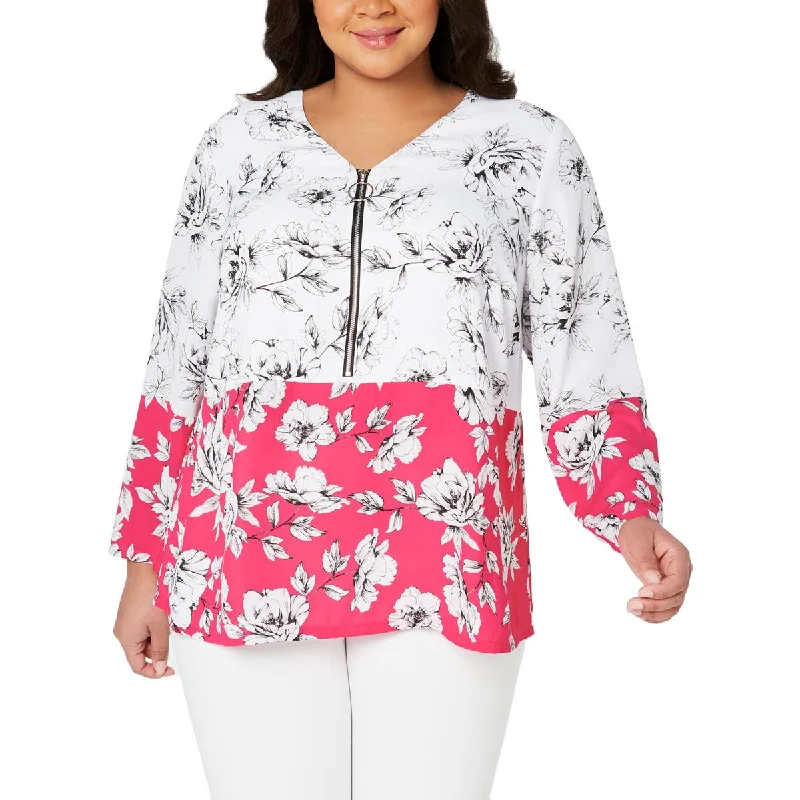 Plus Womens Floral Zip-Front Blouse