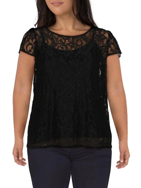 Plus Womens Lace Cap Sleeve Blouse