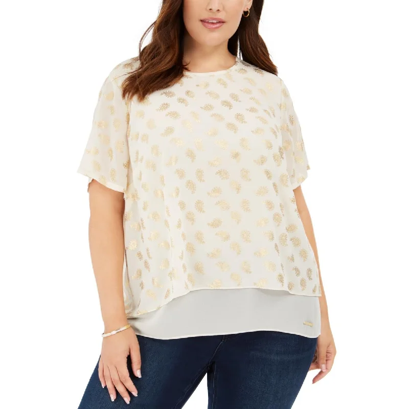 Plus Womens Layered Metallic Print Top