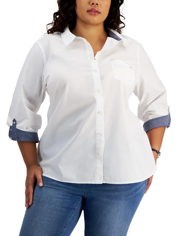 Plus Womens Tab-Sleeve Woven Button-Down Top