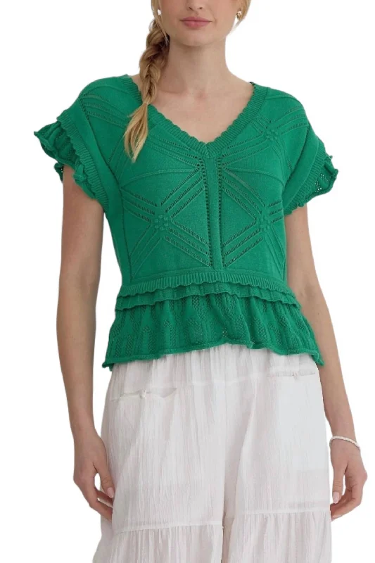 Seasons Change Pointelle Sweater Top In Green