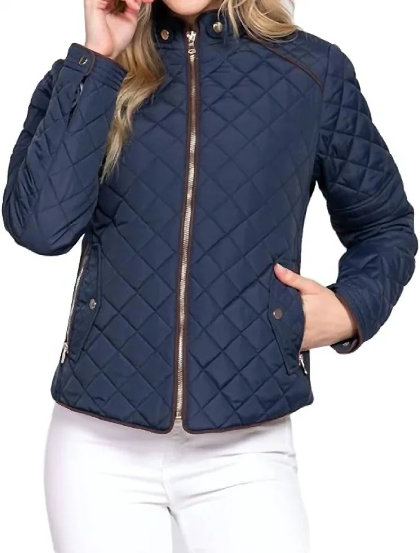 Lightweight Suede Trim Quilted Jacket In Navy