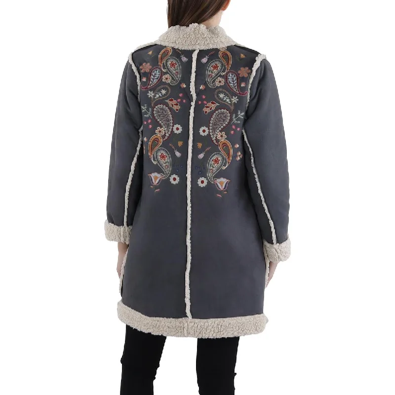 Lori Womens Faux Suede Embroidered Overcoat