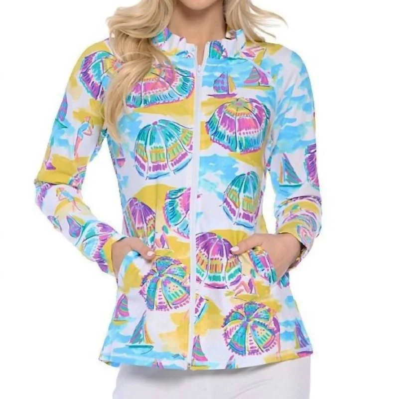 Marcia Ruffle Neck Umbrella Print Zip Jacket In Multi/purple/blue