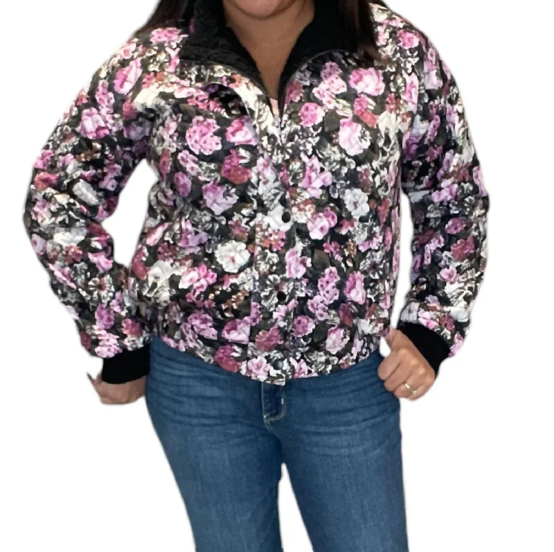 Quilted Floral Snap Front Bomber Jacket In Multi Color