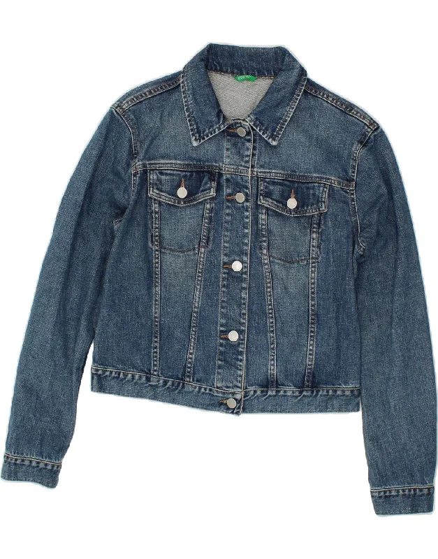 BENETTON Womens Crop Denim Jacket UK 16 Large Blue Cotton