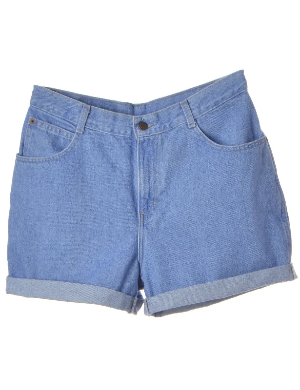 Label Rolled Hem Medium Wash Denim Shorts