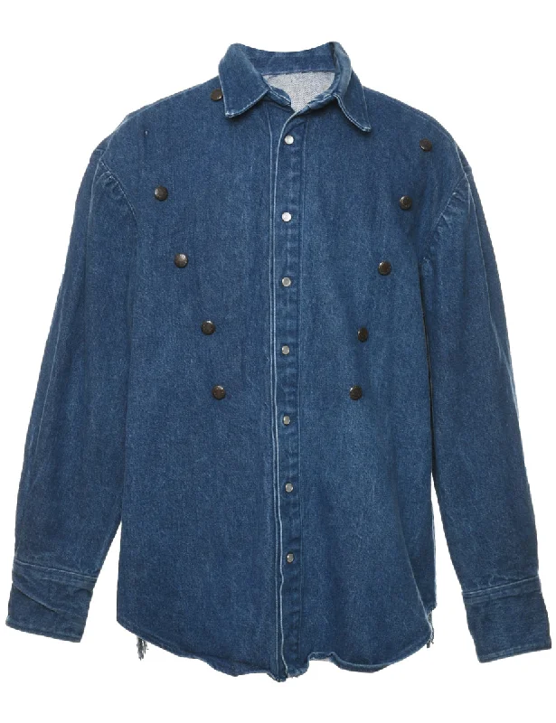 Medium Wash & Black Studded Design Denim Shirt - L