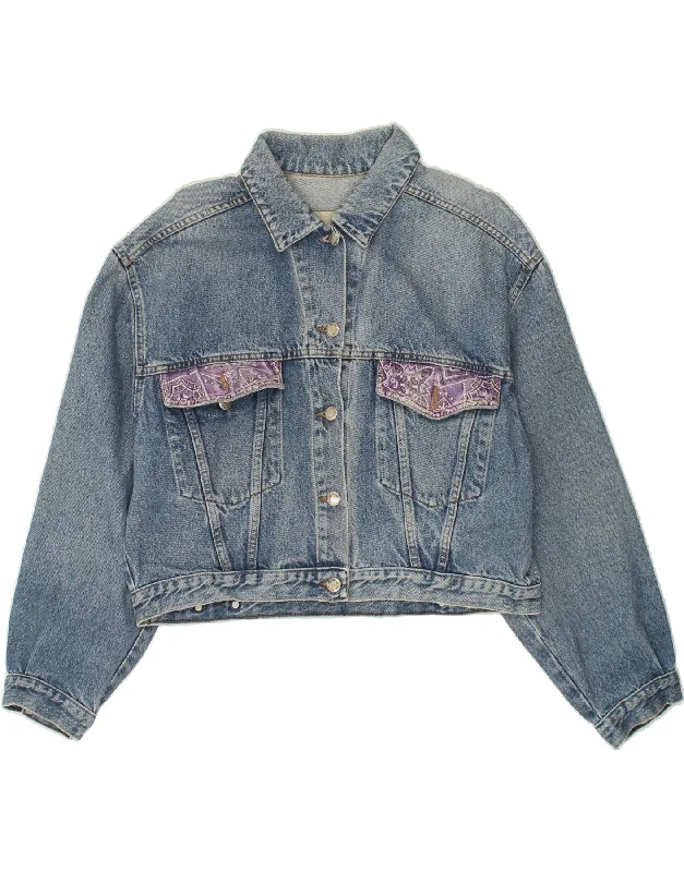 VINTAGE Womens Crop Denim Jacket UK 16 Large Blue Colourblock Cotton