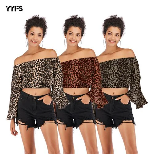 Sexy Off Shoulder Leopard Print Short   Women Chiffon Shirt Blouses