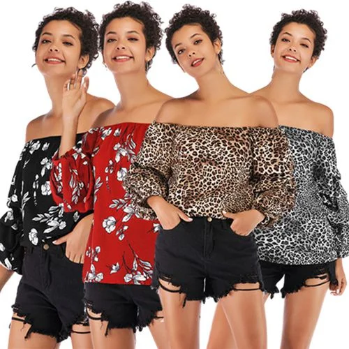 Sexy Printed with Off-shoulder Spring Women Chiffon Shirt Blouses