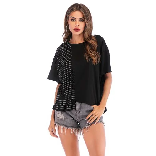 Summer Stitching Hit Striped  Bat Sleeve Loose Irregular Women T Shirts