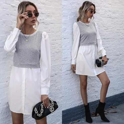 Women Long Sleeve Blouse Stitching Mid-length Shirt