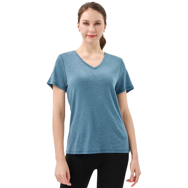 Women's Merino 200g V-Neck Short Sleeve T-Shirt Blue Grey Stripes