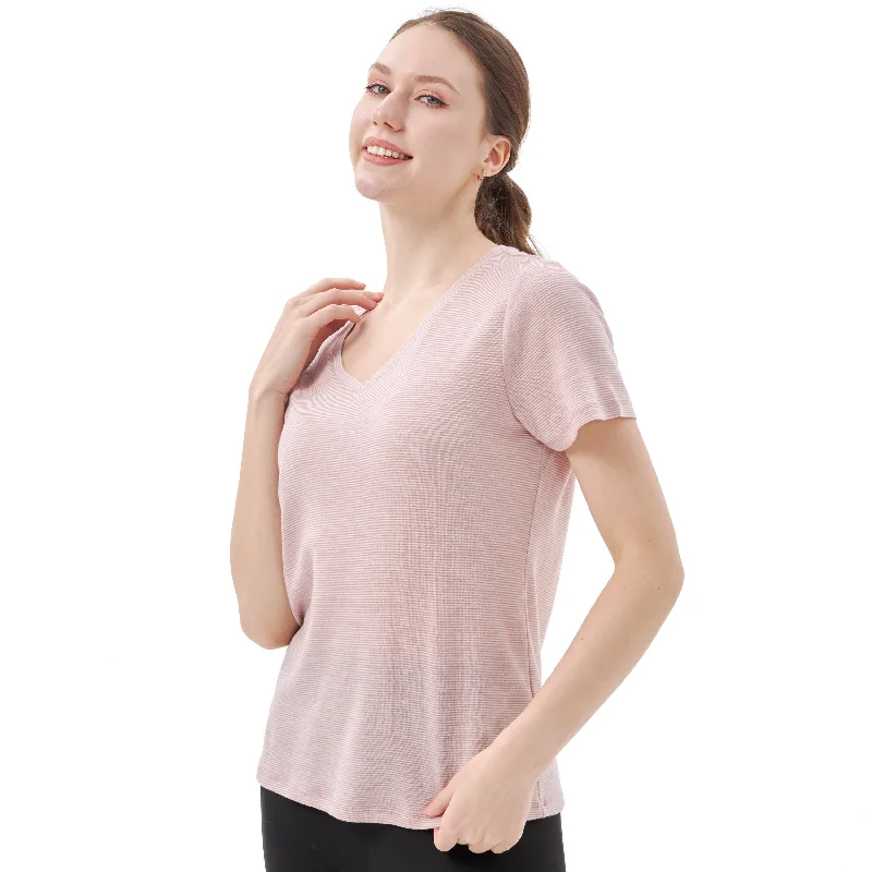 Women's Merino 200g V-Neck Short Sleeve T-Shirt Pink White Stripes