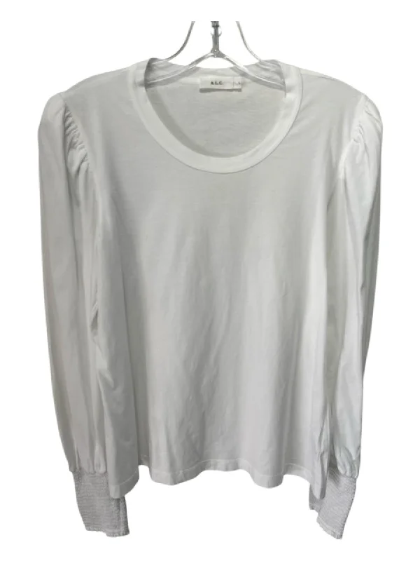 A.L.C. Size L White Cotton Round Neck Puff Shoulder Long Sleeve Top