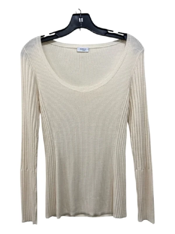 Akris Punto Size 8 Cream Virgin Wool Long Sleeve Scoop Neck Ribbed Top