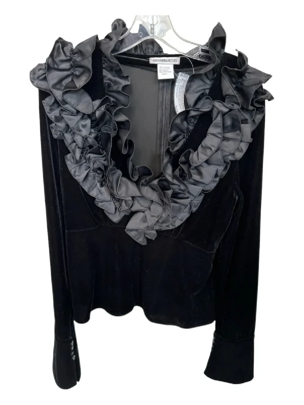 Alexandra Rosati Size L Black Polyester Velvet Long Sleeve Ruffle Neck Top