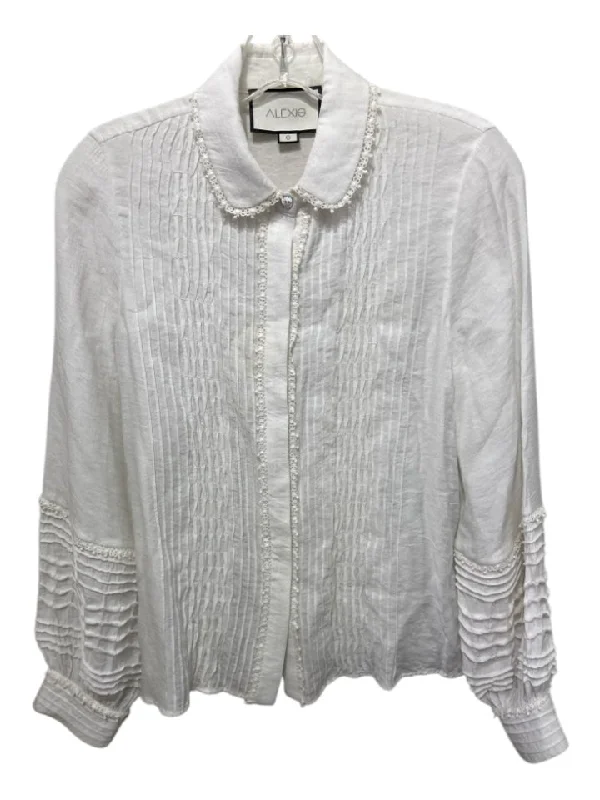 Alexis Size S White Nylon & Rayon Button Up Long Sleeve micro pleated Top