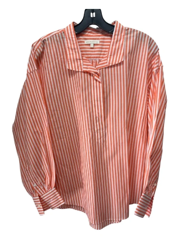 Ann Mashburn Size S Orange & White Cotton Striped Half Button Long Sleeve Top