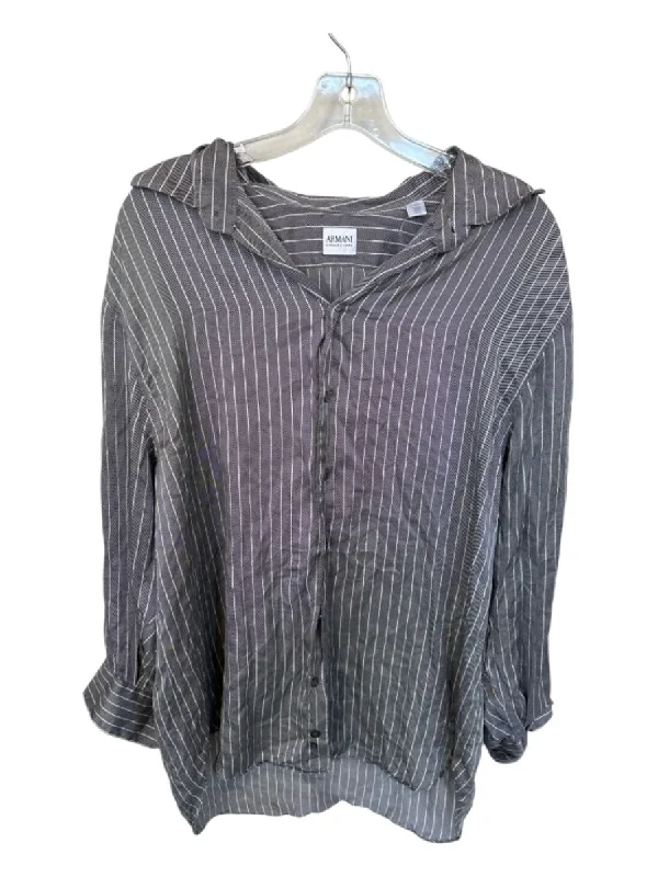 Armani Collezioni Size XL Gray & White Silk Long Sleeve Striped Button Down Top