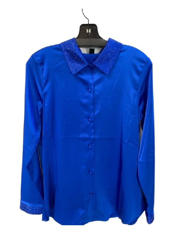 AZI Size S Royal Blue Polyester Collared Long Sleeve Button Front Top